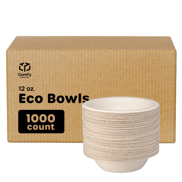 [Case of 1000] 100% Compostable 12 oz. Heavy-Duty Paper Bowls Eco-Friendly Disposable Sugarcane - Kraft