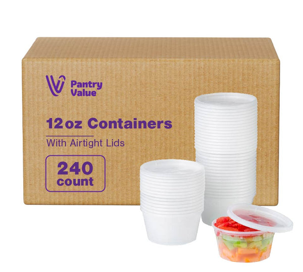 Pantry Value [Case of 240] 12 oz. Plastic Deli Food Storage Containers with Airtight Lids
