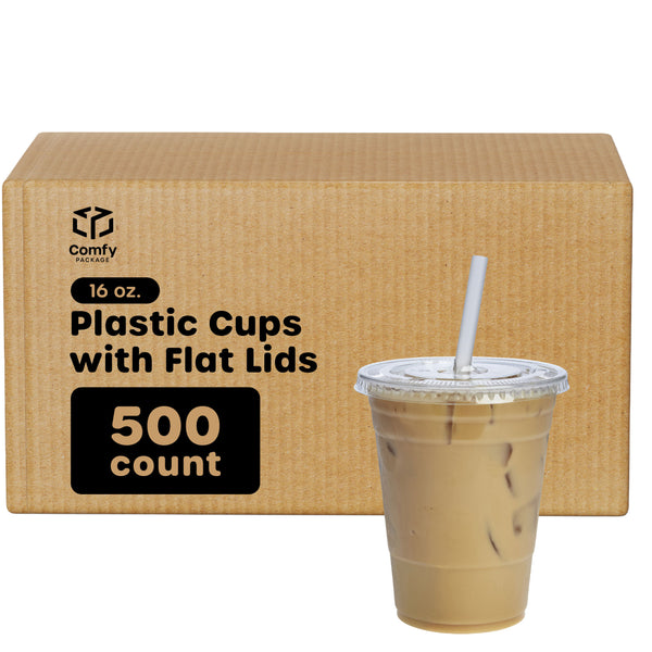 [Case of 500] 16 oz. Clear Plastic Cups with Flat Lids
