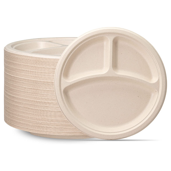 100% Compostable 10 Inch Heavy-Duty Plates 3 Compartment Eco-Friendly Disposable Sugarcane Paper Plates- Brown Unbleached