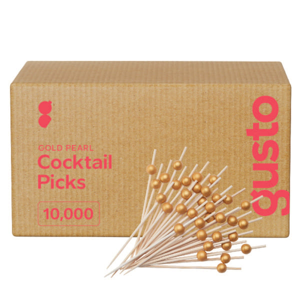 [Case of 10,000] Cocktail Picks & Food Toothpicks - 4.7 Inch Wooden Pick Skewers for Drinks & Appetizers - Fancy Gold Pearl Picks