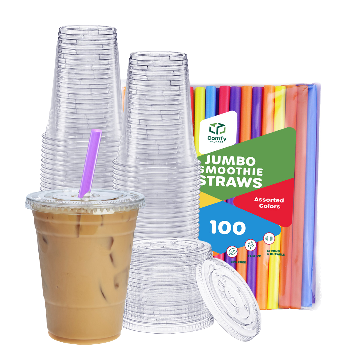 Comfy Package 16 oz. Crystal Clear Plastic Cups With Flat Lids & Colored  Straws - Disposable Clear Drinking Cups For Iced Coffee, Cold Drinks