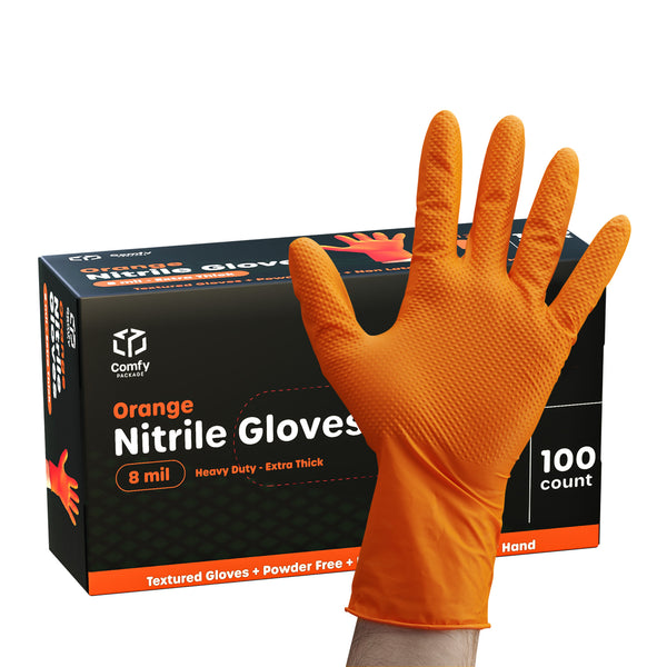 Comfy Package 8 Mil Disposable Orange Nitrile Heavy-Duty Gloves, Industrial, Diamond Texture - Large
