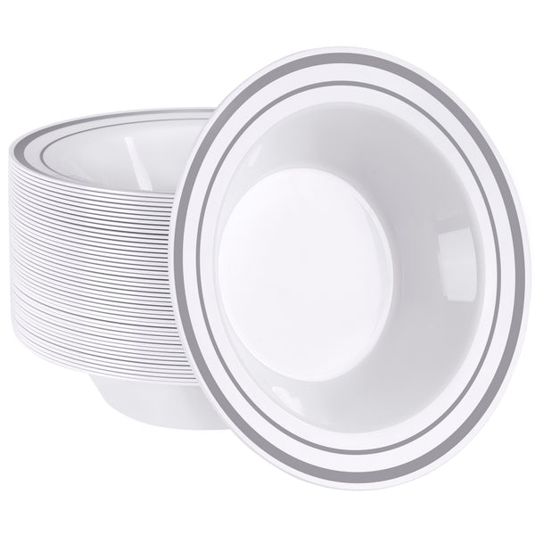 SETUP [50 Piece 12 oz. Silver Trim Plastic Dessert Bowls - Premium Heavy-Duty Disposable Soup and Cereal Bowls