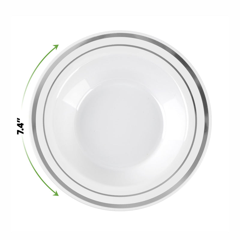 SETUP [50 Piece 12 oz. Silver Trim Plastic Dessert Bowls - Premium Heavy-Duty Disposable Soup and Cereal Bowls