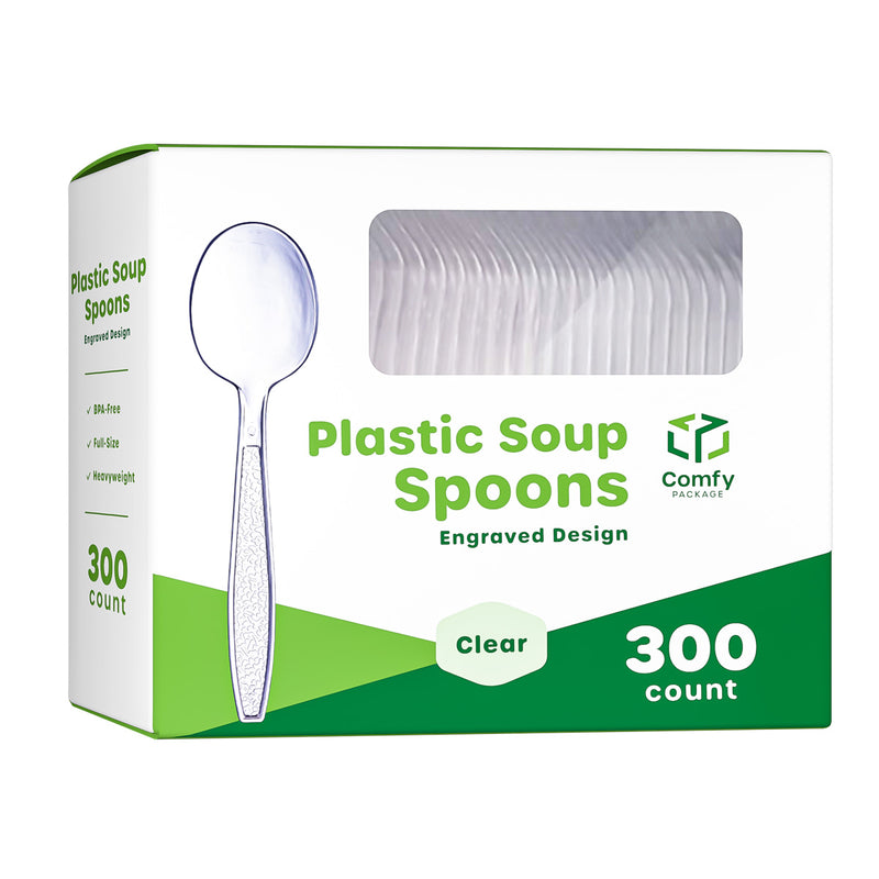 Heavyweight Disposable Clear Plastic Soup Spoons - Engraved Design