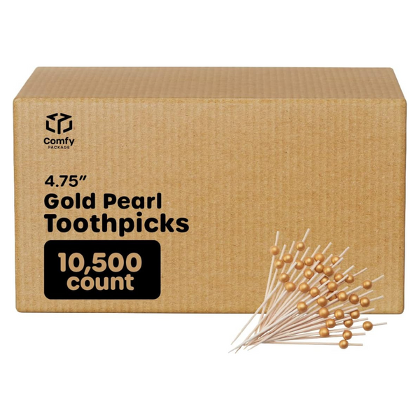 [Case of 10,500] Cocktail Picks & Food Toothpicks - 4.7 Inch Wooden Pick Skewers for Drinks & Appetizers - Fancy Gold Pearl