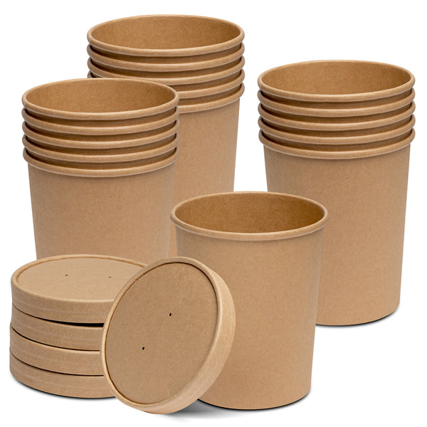 32 oz. Paper Food Containers With Vented Lids, To Go Hot Soup Bowls, Disposable Ice Cream Cups, Kraft - 25 Sets