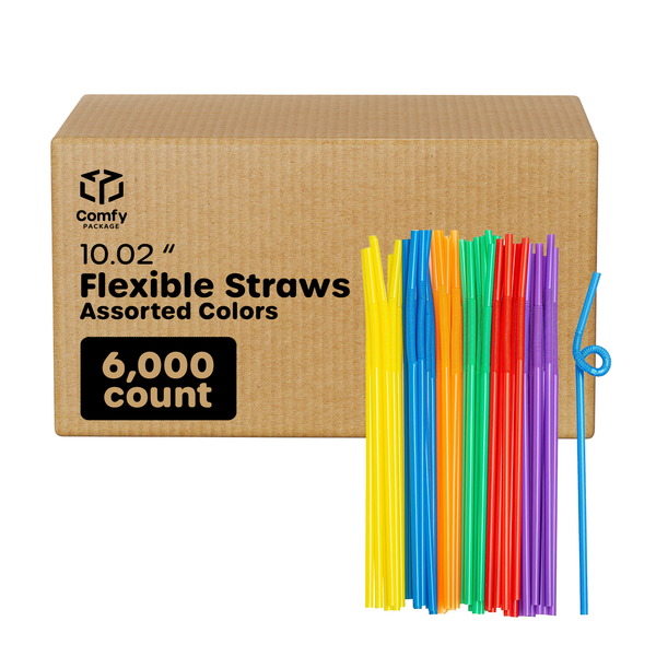 [Case of 6000] Long Flexible Disposable Plastic Drinking Straws - 10.02" High - Assorted Colors