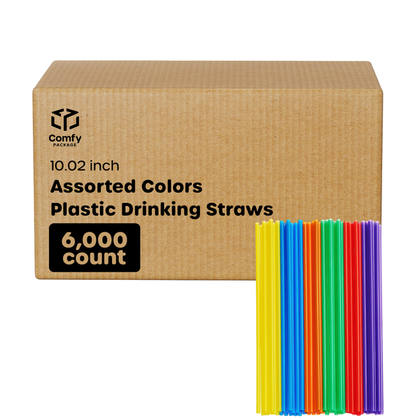 [Case of 6000] Long Disposable Plastic Drinking Straws - 10.02" High - Assorted Colors