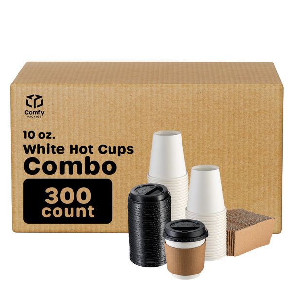 [Case of 300] 10 oz. Disposable Coffee Cups with Lids, Sleeves, Stirrers - To Go Paper Hot Cups