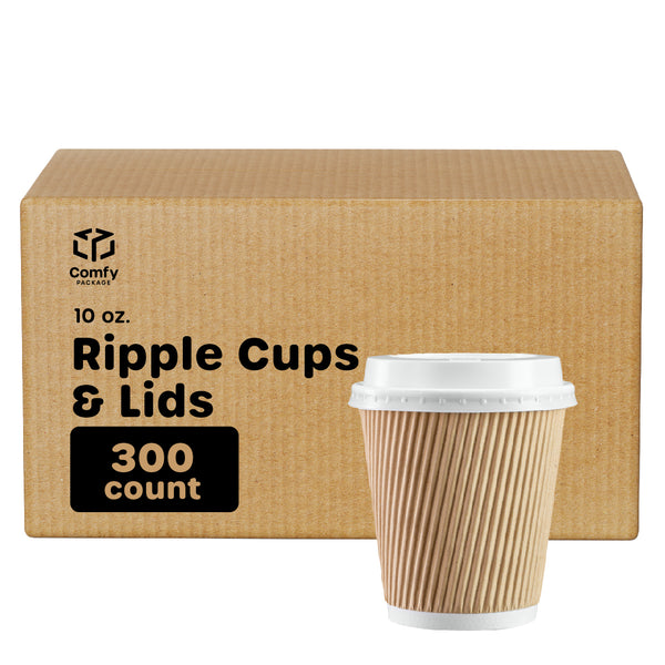 [Case of 300] 10 oz Insulated Ripple Paper Hot Coffee Cups With Lids