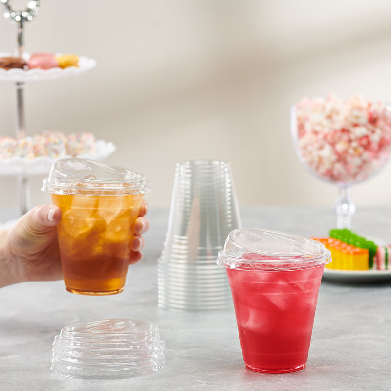 Comfy Package 12 oz. Crystal Clear Plastic Cups With Strawless Sip-Lids