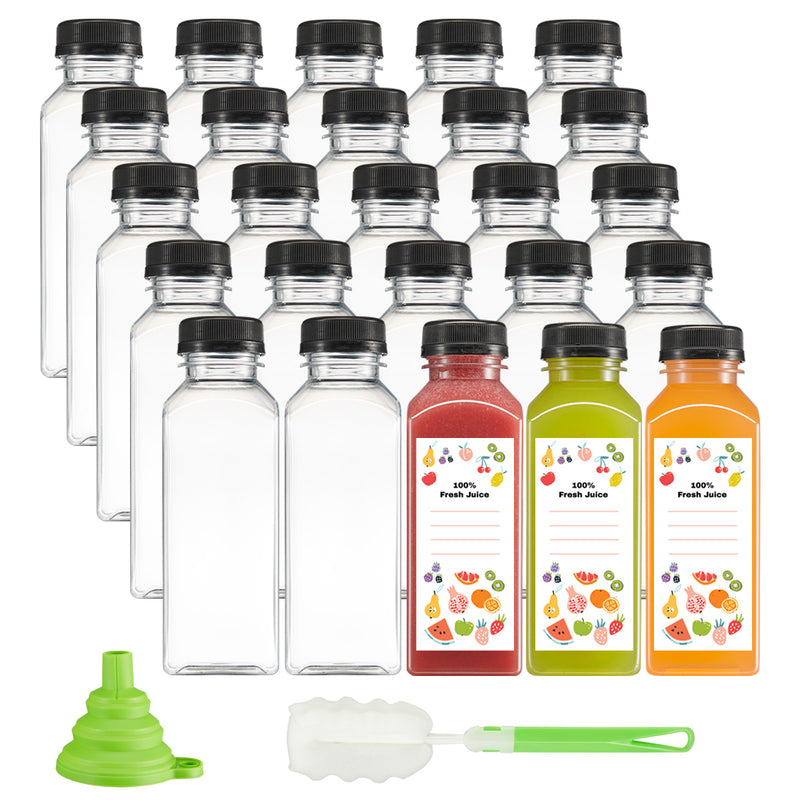 12 oz. Reusable Plastic Juice Bottles With Caps, Labels, Brush, and Silicone Funnel |Clear Juice Containers for Juices, Water, Smoothies, and Other Beverages