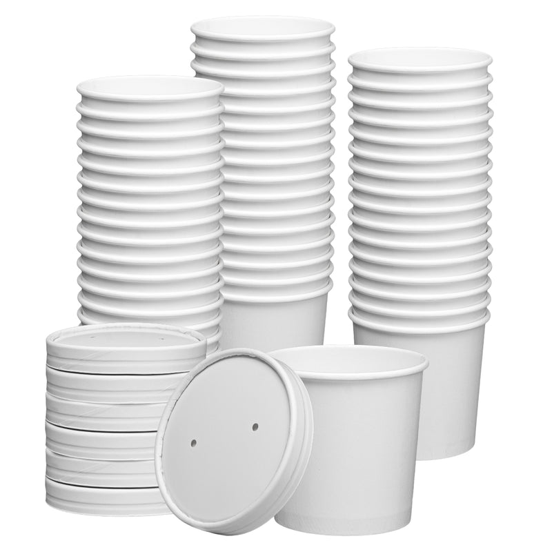 12 oz. Paper Food Containers With Vented Lids, To Go Hot Soup Bowls, Disposable Ice Cream Cups, White