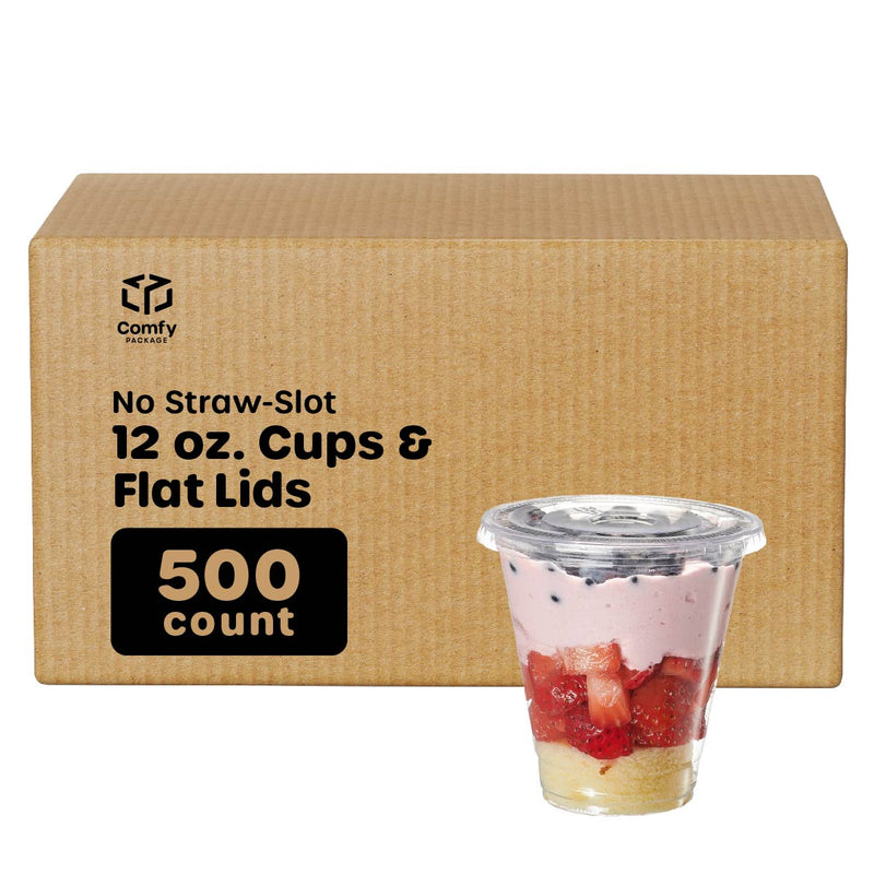 Comfy Package [50 Sets] 12 oz. Clear Plastic Cups With No Hole Flat Lids