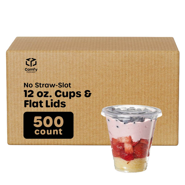 [Case of 500] 12 oz. Clear Plastic Cups With No Hole Flat Lids…