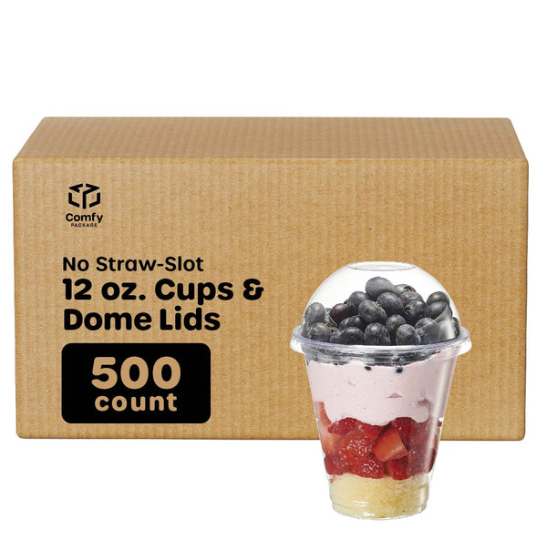 Comfy Package [Case of 500 12 oz. Clear Plastic Cups With (No Hole) Dome Lids…