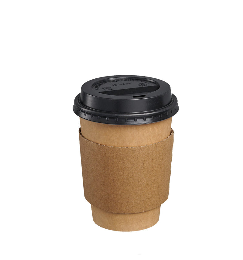 [Case of 300] 12 oz. Disposable Kraft Coffee Cups with Black Lids, Sleeves - To Go Paper Hot Cups