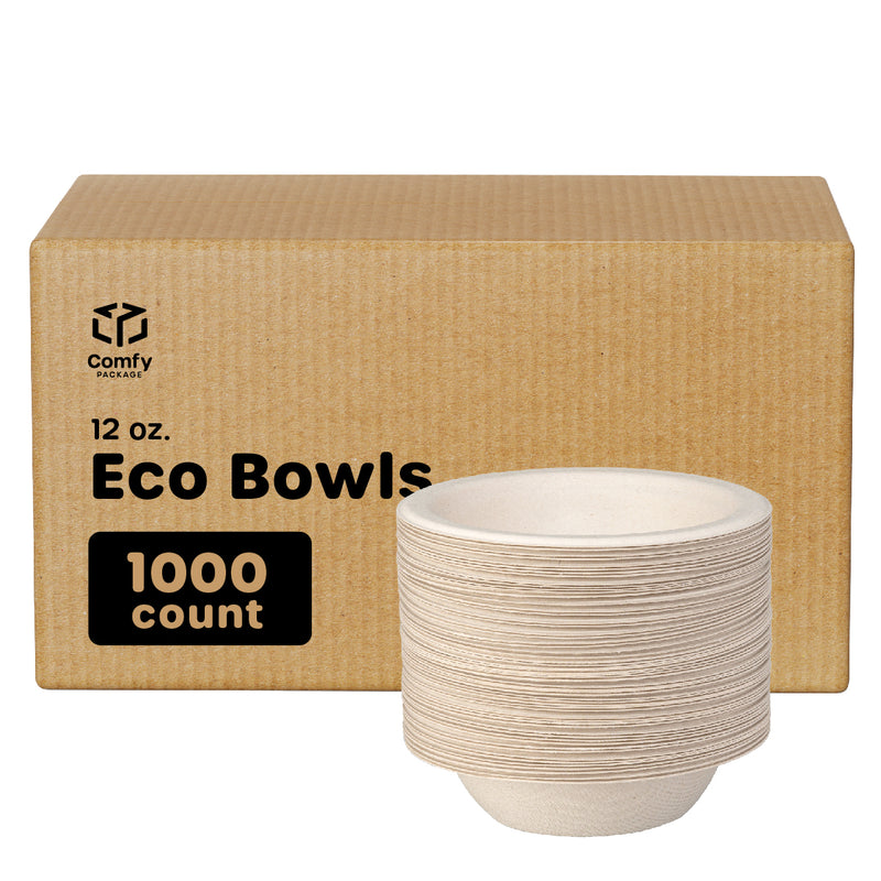 100% Compostable 12 oz. Heavy-Duty Paper Bowls Eco-Friendly Disposable Sugarcane - Kraft