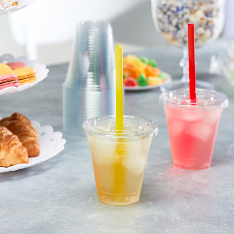 Comfy Package 12 oz. Crystal Clear Plastic Cups With Flat Lids & Colored Straws - Disposable Clear Drinking Cups For Iced Coffee, Cold Drinks, Milkshakes, and Smoothies