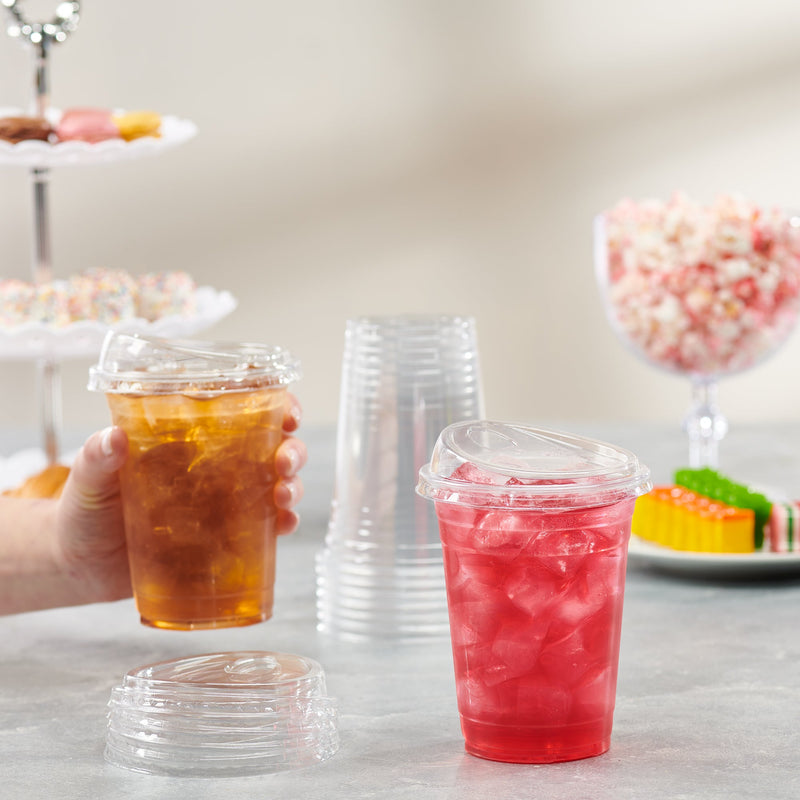 [Case of 500] 16 oz. Crystal Clear Plastic Cups With Strawless Sip-Lids