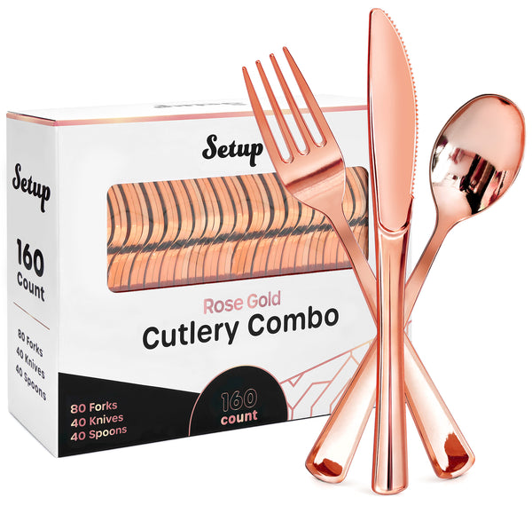 Disposable Rose Gold Combo Cutlery -  Forks,  Spoons, Knives Combo - Heavy Duty, and Durable Plastic Silverware Great for Parties, Weddings, Events, and Everyday use