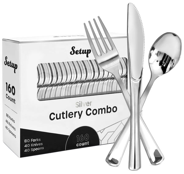 Disposable Silver Combo Cutlery -  Forks,  Spoons,  Knives Combo - Heavy Duty, and Durable Plastic Silverware Great for Parties, Weddings, Events, and Everyday use