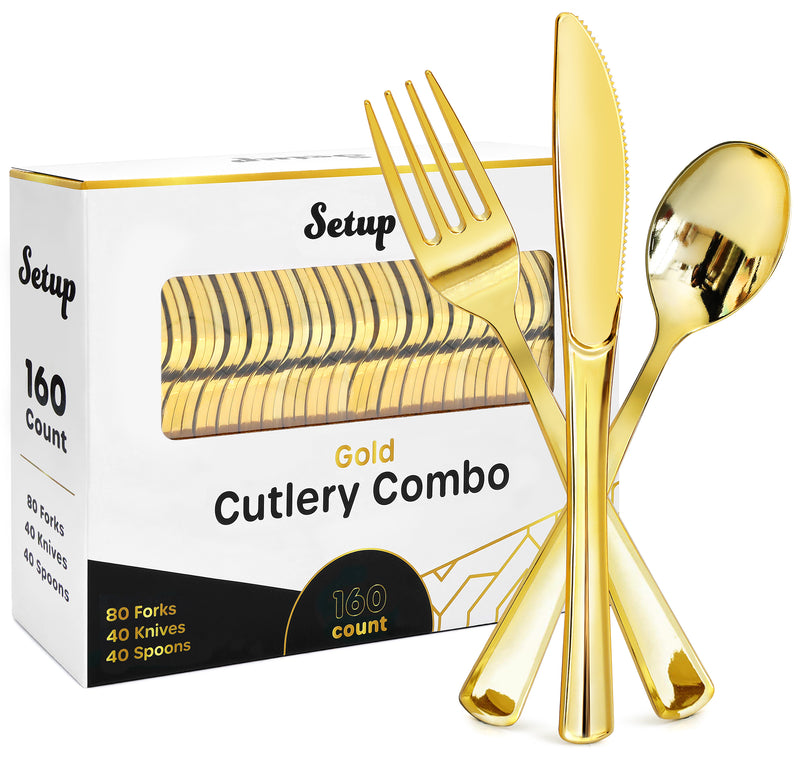 Disposable Gold Combo Cutlery -  Forks,  Spoons,  Knives Combo - Heavy Duty, and Durable Plastic Silverware Great for Parties, Weddings, Events, and Everyday use