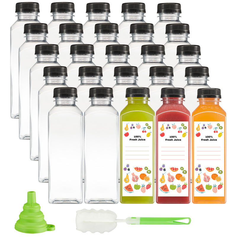 16 oz. Reusable Plastic Juice Bottles With Caps, Labels, Brush, and Silicone Funnel |Clear Juice Containers for Juices, Water, Smoothies, and Other Beverages…