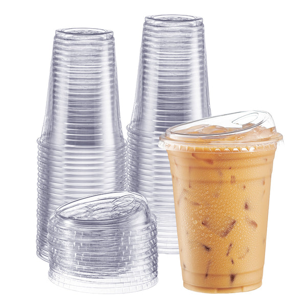 Comfy Package 16 oz. Crystal Clear Plastic Cups With Strawless Sip-Lids