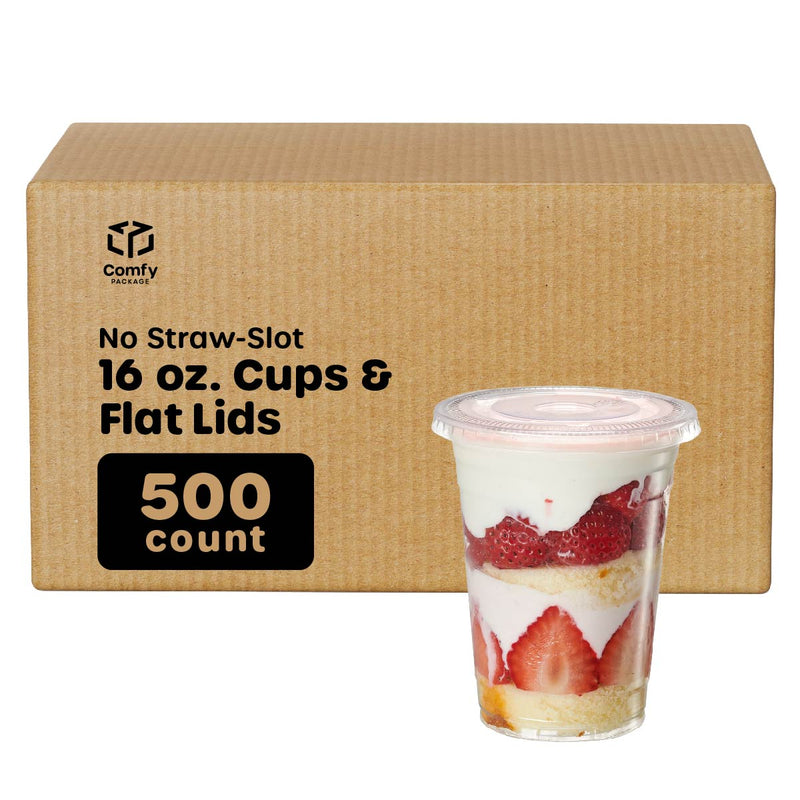 [Case of 500] 16 oz. Clear Plastic Cups With (No Hole) Flat Lids…