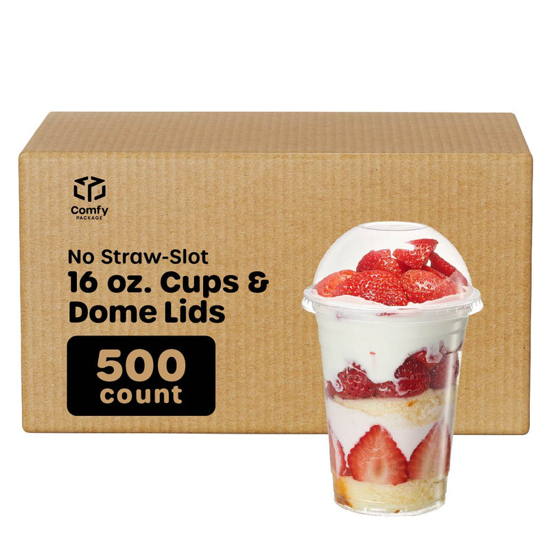 Comfy Package [50 Sets 16 oz. Clear Plastic Cups With No Hole Dome Lids