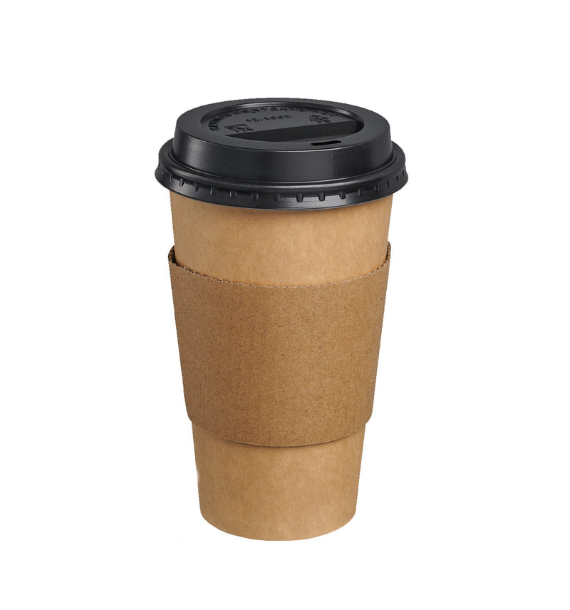 [Case of 300] 16 oz. Disposable Kraft Coffee Cups with Black Lids, Sleeves - To Go Paper Hot Cups