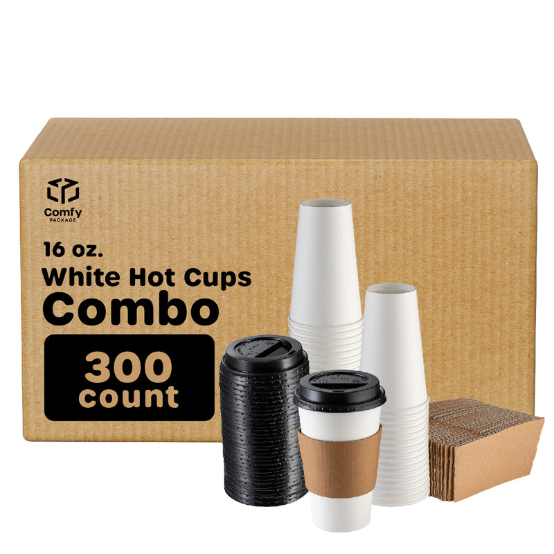 [Case of 300] 16 oz. Disposable Coffee Cups with Lids, Sleeves, Stirrers - To Go Paper Hot Cups