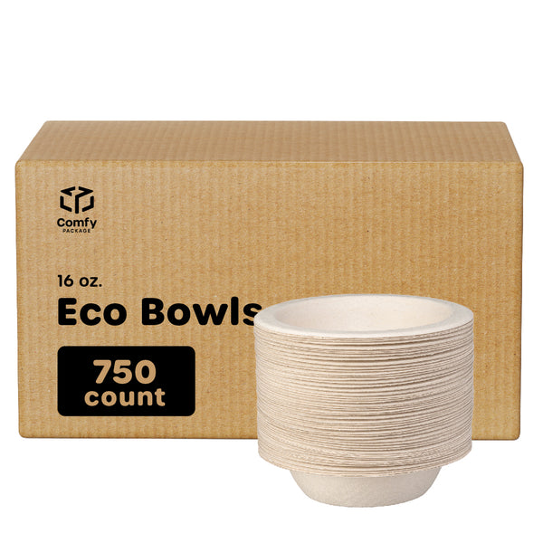 [Case of 750] 100% Compostable 16 oz. Heavy-Duty Paper Soup Bowls Eco-Friendly Disposable Sugarcane - Kraft