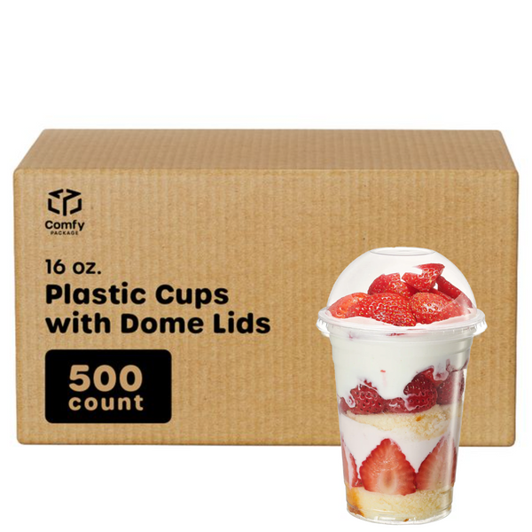 [Case of 500] 16 oz. Clear Plastic Cups With (No Hole) Dome Lids