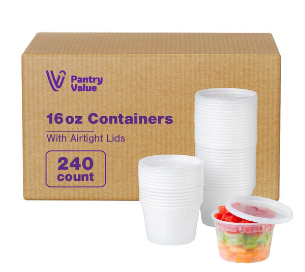 Pantry Value [Case of 240] 16 oz. Plastic Deli Food Storage Containers with Airtight Lids