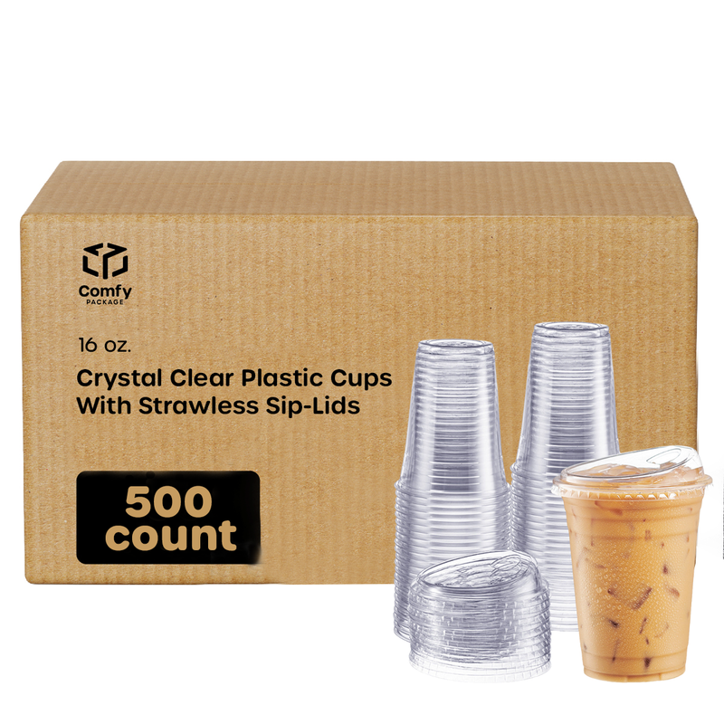 [Case of 500] 16 oz. Crystal Clear Plastic Cups With Strawless Sip-Lids