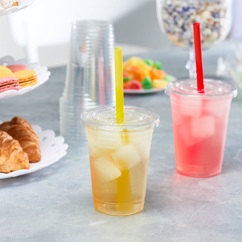 Comfy Package 16 oz. Crystal Clear Plastic Cups With Flat Lids & Colored Straws - Disposable Clear Drinking Cups For Iced Coffee, Cold Drinks, Milkshakes, and Smoothies