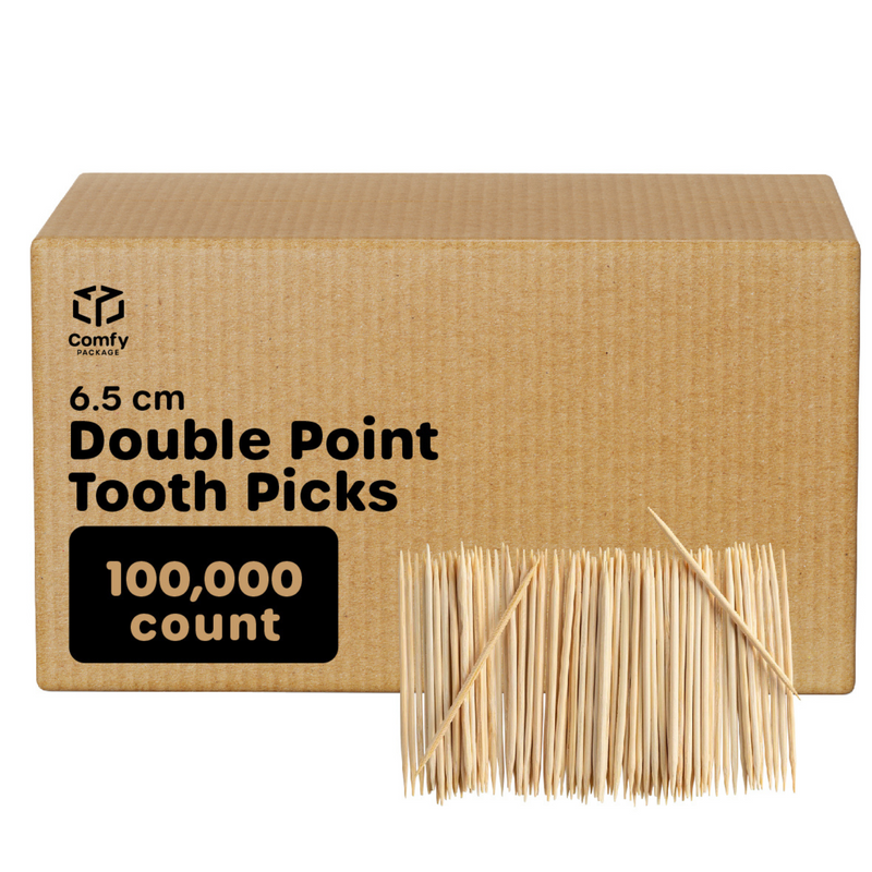 [Case of 100,000] Bamboo Wooden Toothpicks - Wood Round Double-Points Teeth Tooth Picks