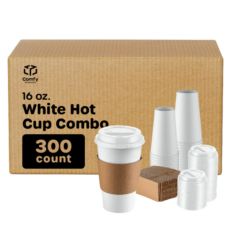 [Case of 300] Comfy Package 16 oz. Disposable White Coffee Cups with White Lids, Sleeves - To Go Paper Hot Cups