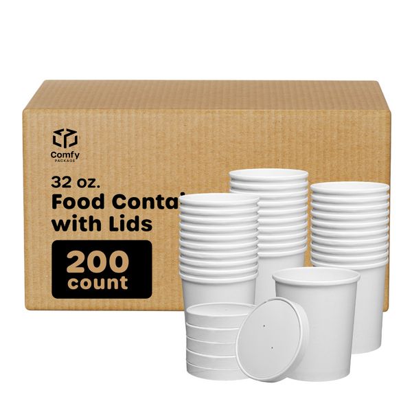 [Case of 200] 32 oz. Paper Food Containers With Vented Lids, To Go Hot Soup Bowls, Disposable Ice Cream Cups, White [ 25 Sets]