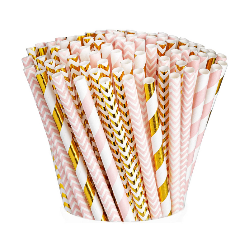 Pink & Gold Paper Drinking Straws 100% Biodegradable Multi-Pattern Party Straws