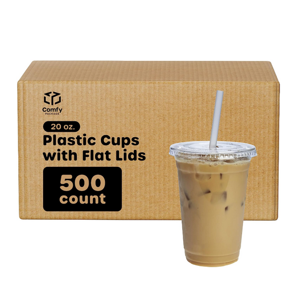 [Case of 500 Sets] 20 oz. Plastic Cups With Flat Lids