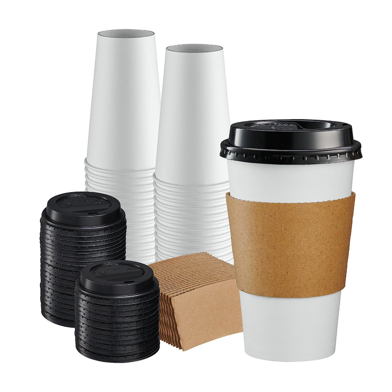 Disposable Coffee Cups - 16oz Generic Paper Hot Cups and Black Sipper Dome  Lids (90mm)