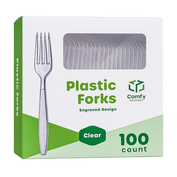 Heavyweight Disposable Clear Plastic Forks - Engraved Design