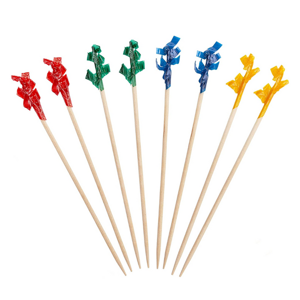 Cocktail Picks & Food Toothpicks - 4 Inch Wooden Pick Skewers for Drinks, Appetizers, & Sandwiches - Fancy Assorted Colored Frills