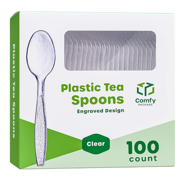 Heavyweight Disposable Clear Plastic Tea Spoons - Engraved Design
