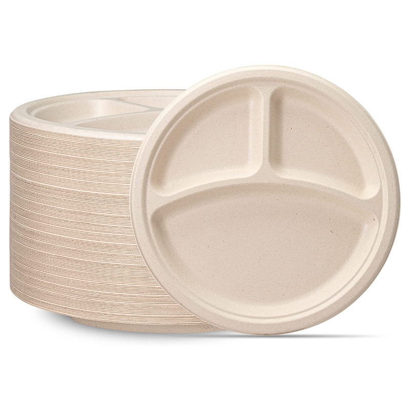 100% Compostable Paper Plates [10 inch - 125-Pack] 3 Compartment Disposable Plat
